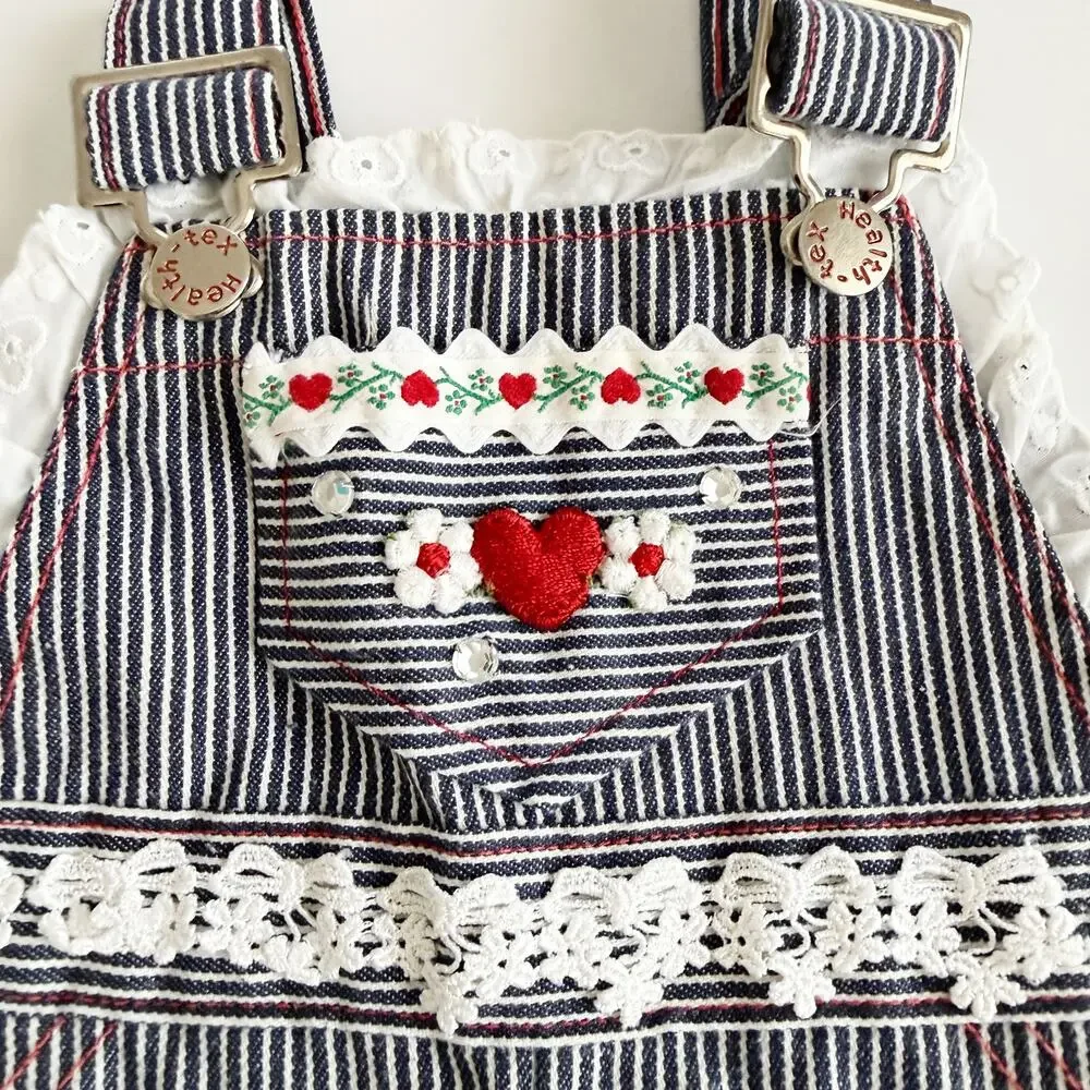 [Vintage] 80s Health-Tex Striped Embroidered Lace Ruffle Overalls Size 9 Months